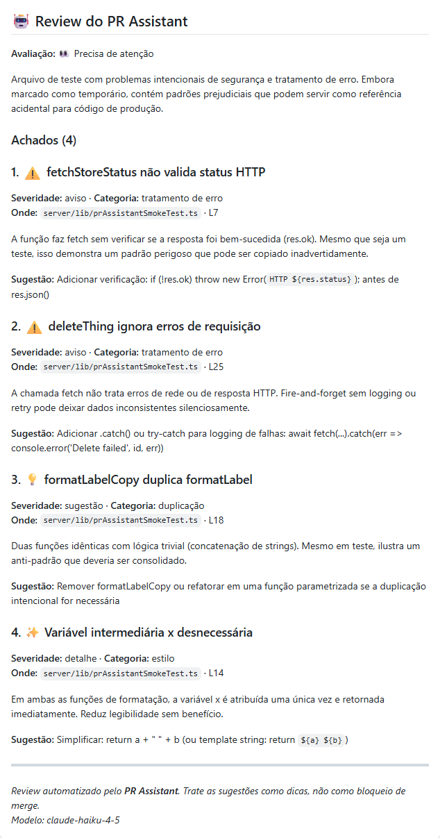 Comentário real do PR Assistant num Pull Request de teste